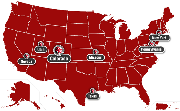 Map of the United States showing IMA-affiliated Dojo Locations